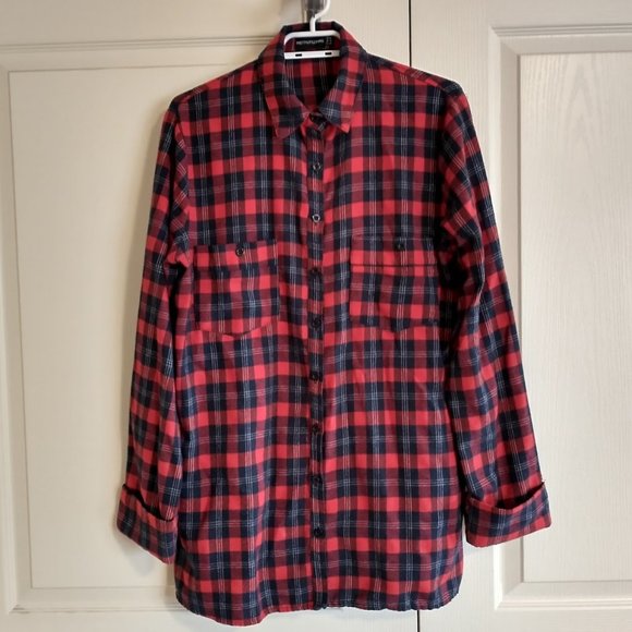 PRETTYLITTLETHING Red and Navy Plaid Soft Flannel Button Up Shirt - Picture 1 of 6